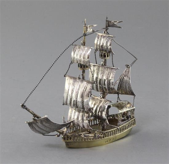 A late 19th/early century Hanau silver gilt model of a Brig, height 13.9cm.